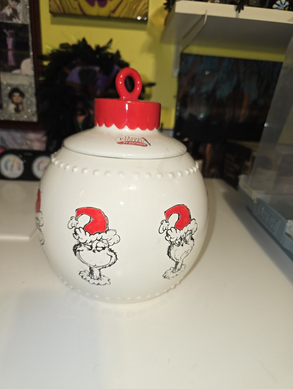 Grinch Holiday Ornament Cookie Jar - White & Red